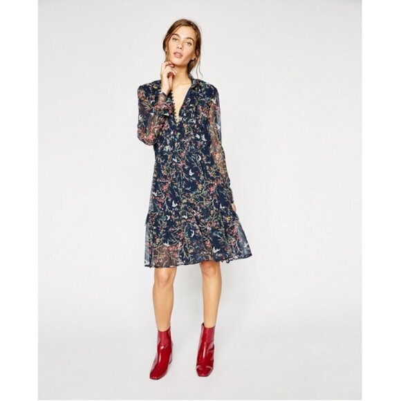 💕THE KOOPLES💕 Blue Bird Print Dress ~ Floral Long Sleeve 100% Silk Crepe Small - Picture 2 of 16